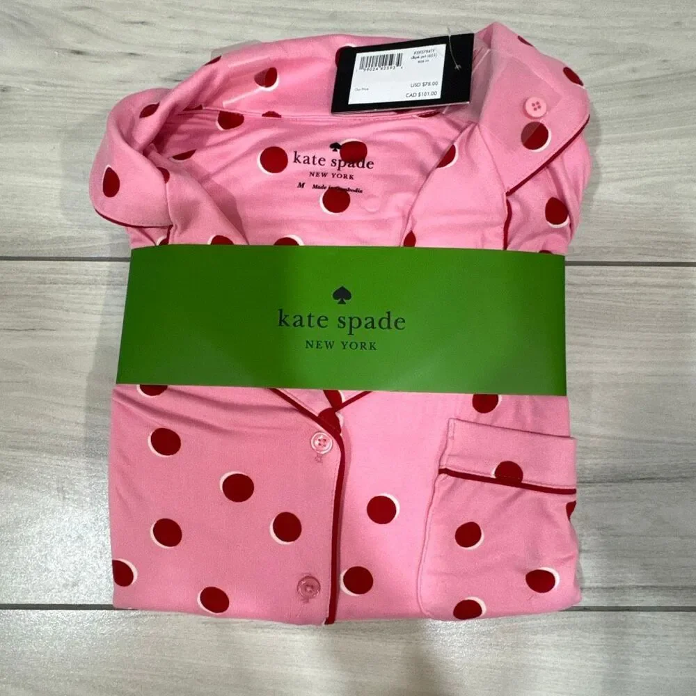 NWT Kate Spade New York Long Sleeve Knit Notch Collar Pajama Set in pink with re